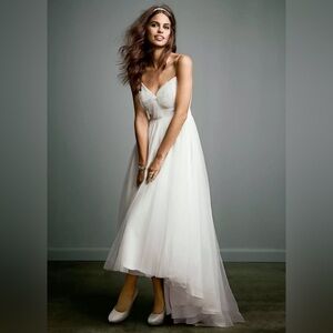 David’s Bridal tulle over chiffon high low dress with bow accent